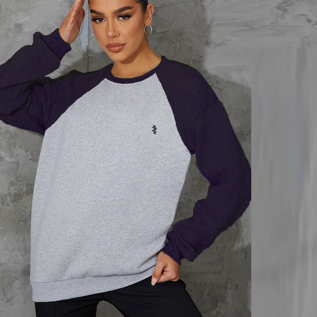 izd grey & Navy Blue long sleeve fleece crewneck sweatshirt for women