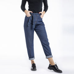 rica lwis mom fit/ paper bag high rise solid blue jeans