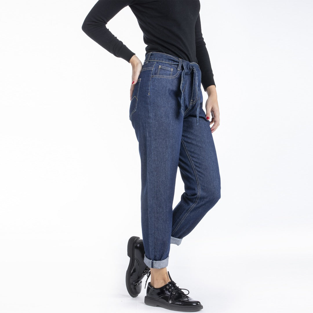 rica lwis mom fit/ paper bag high rise solid blue jeans