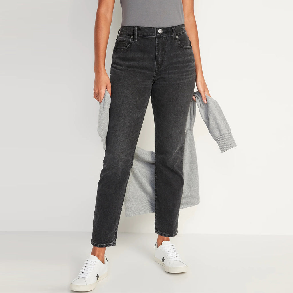 slim straight faded textured black jeans for women