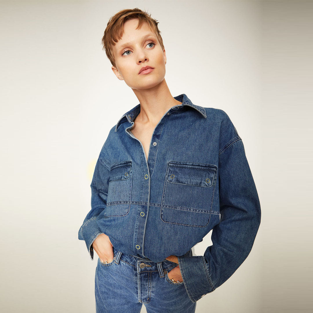 ed-c oversized medium blue long tail denim shirt for women