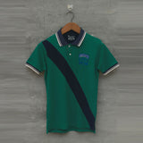 rect slim fit green with navy blue stripe polo shirt for men