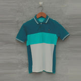 rect slim fit blue with white & ferozi panel polo shirt for men